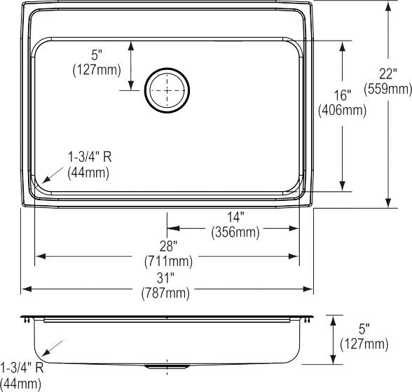 Elkay Lustertone® Classic Lustrous Satin 31" x 22" x 5" 2-Hole Single Bowl Drop-In ADA Sink-1