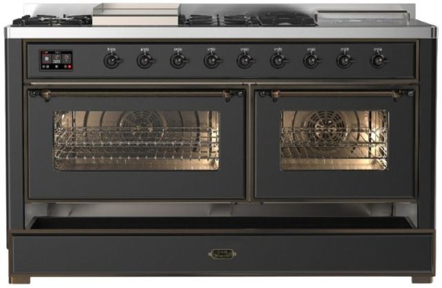 Ilve® Majestic III 60" Graphite Matte Pro Style Dual Fuel Natural Gas Range with French Top and Burnished Trim-2