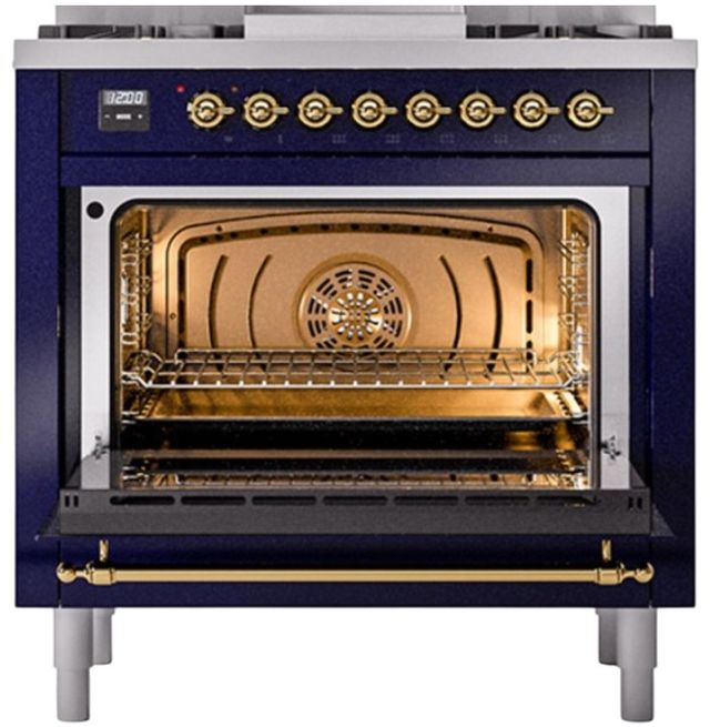 Ilve® Nostalgie II Noblesse 36'' Midnight Blue Pro Style Dual Fuel Range with Brass Trim-2