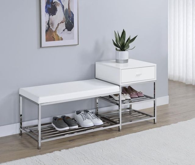 Coaster® Siega Chrome/White High Gloss Shoe Storage Entryway Bench with Cabinet-1