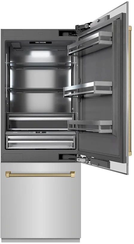 ZLINE Autograph Edition 30" 16.1 Cu. Ft. Stainless Steel Built In Bottom Freezer Refrigerator with Water Dispenser, Ice Maker, Graphite Gray Interior and Champagne Bronze Helix Handles-2