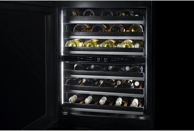 Front view of a black JennAir built in wine cooler