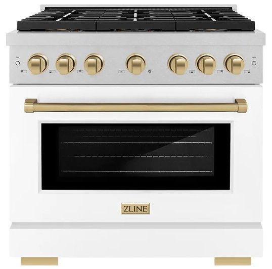 ZLINE Autograph Edition Paramount 36" 5.2 Cu. Ft. Satin Stainless Steel Dual Fuel Range with 6 Burner DuoPro™ Cooktop and Electric Convection Oven with White Matte Door and Champagne Bronze Accents-0