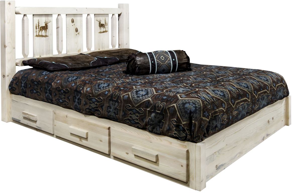 Montana Woodworks® Homestead Ready to Finish King Platform Storage Bed with Laser Engraved Elk Design