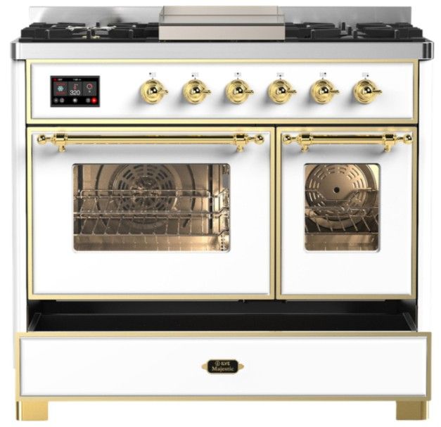 Ilve® Majestic III 40" White Pro Style Dual Fuel Liquid Propane Range with Triple Glass Door and Brass Trim-2
