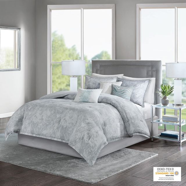 Olliix by Madison Park 7 Piece Grey Queen Emory Cotton Sateen Comforter Set-1