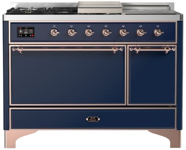 Ilve® Majestic III 48" Midnight Blue Pro Style Dual Fuel Natural Gas Range with French Top and Copper Trim-0