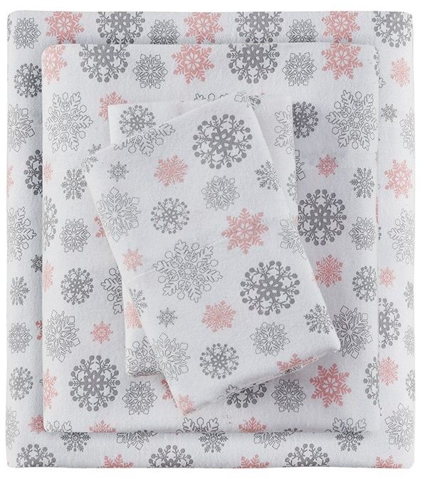 Olliix by True North by Sleep Philosophy Cozy Flannel Grey Snowflakes and Pink Twin Cotton Printed Sheet Set-0