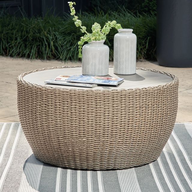 Signature Design by Ashley® Danson Beige Aluminum/Resin Wicker Outdoor Cocktail Table-4