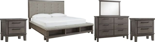 Benchcraft® Hallanden 5-Piece Gray King Upholstered Storage Panel Bed Set-0