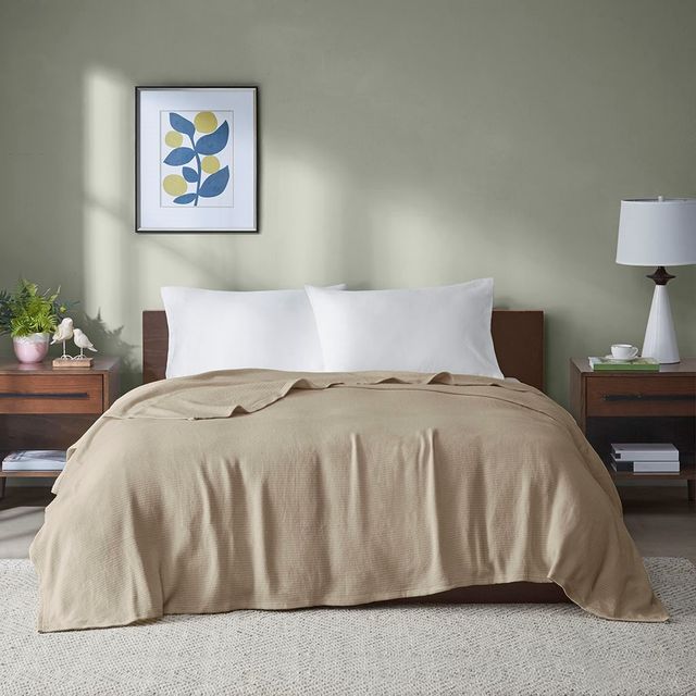 Olliix by Madison Park Freshspun Basketweave Khaki King Cotton Blanket-1