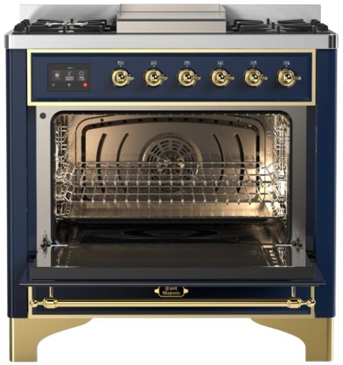 Ilve® Majestic III 36" Midnight Blue Pro Style Dual Fuel Liquid Propane Range with Solid Door and Brass Trim-1
