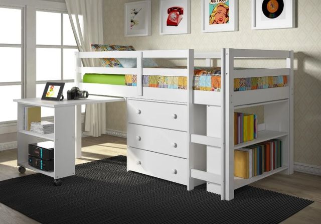 Donco Kids Study & Sleep White Youth Twin Low Loft with Desk, Chest and Bookcase-1