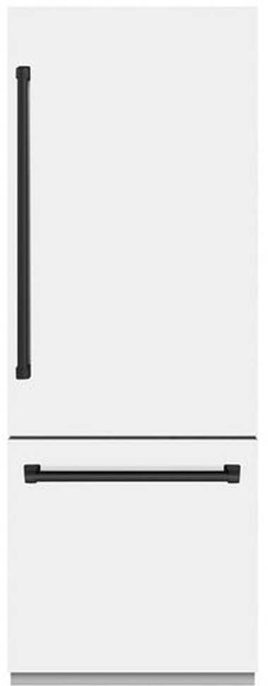 ZLINE Autograph Edition 30" 16.1 Cu. Ft. White Matte Built-In Bottom Freezer Refrigerator with Water Dispenser, Ice Maker, Graphite Gray Interior, and Matte Black Accents-0