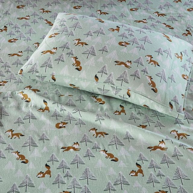 Olliix by Intelligent Design Seafoam Foxes Full Cozy Soft Cotton Novelty Print Flannel Sheet Set-1