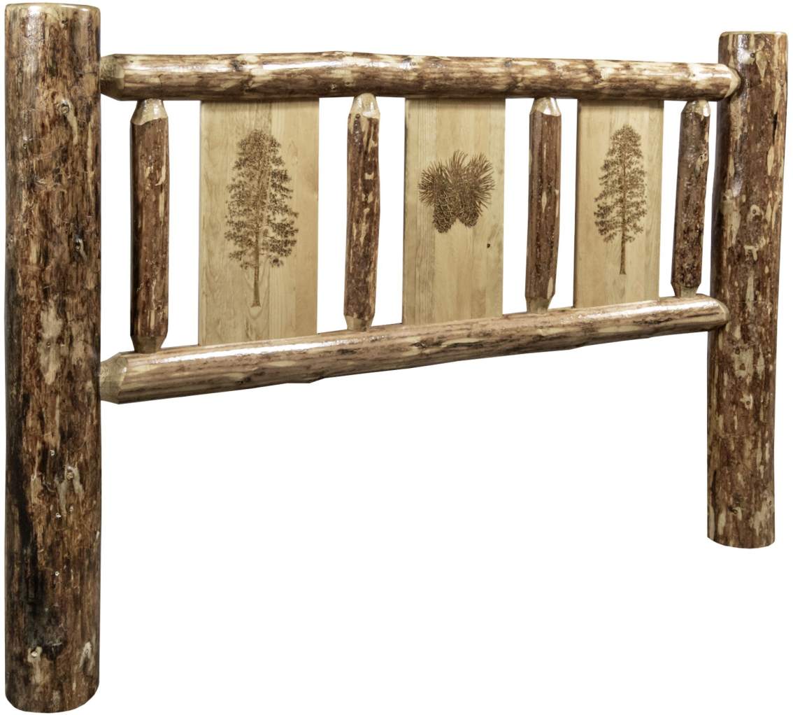 Montana Woodworks® Glacier Country Stained and Lacquered Queen Headboard with Laser Engraved Pine Design