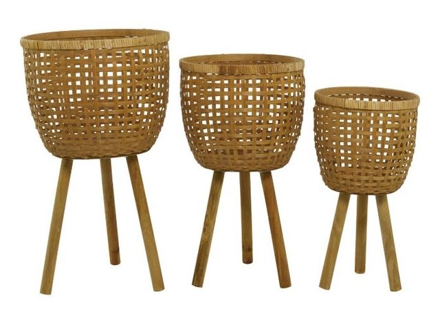 Deco Marche 3-Piece Brown Bamboo Woven Basket Planter Set with Wooden Tripod Legs-4