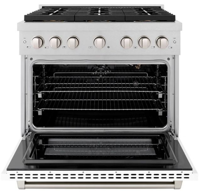 ZLINE Paramount 36" 5.2 Cu. Ft. Satin Stainless Steel Gas Range with 6 Burner DuoPro™ Cooktop and Convection Gas Oven with White Matte Door-1