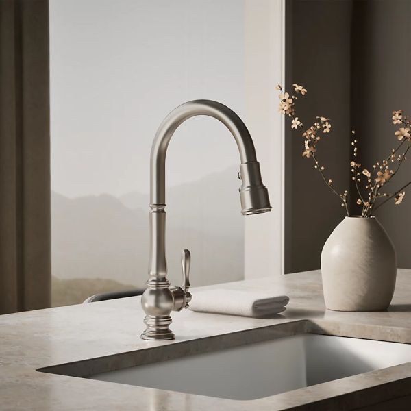 KOHLER® Artifacts® Vibrant Stainless Kitchen Sink Faucet with 3-Function Sprayhead-1