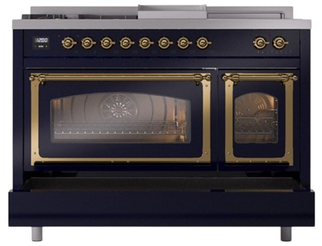 Ilve® Nostalgie II Noblesse 48'' Midnight Blue Pro Style Dual Fuel Range with Brass Trim-3