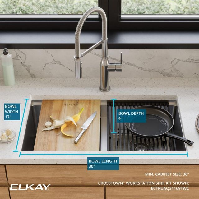 Elkay Crosstown® 9-Piece Polished Satin 31-1/2" x 18-1/2" x 9" Equal Double Bowl Sink Set with Aqua Divide-3