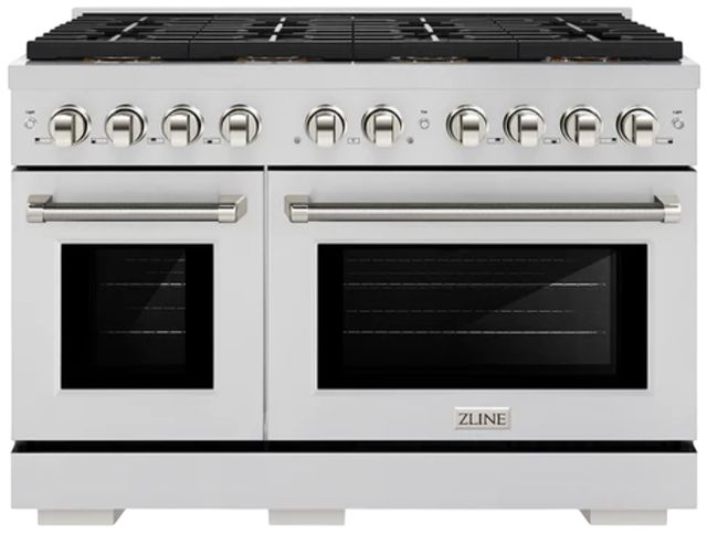ZLINE Autograph Edition Paramount 48" 6.7 Cu. Ft. Stainless Steel Dual Fuel Range with 8 Burner DuoPro™ Cooktop and Dual Ovens with Polished Nickel Helix Handles and Accents-0