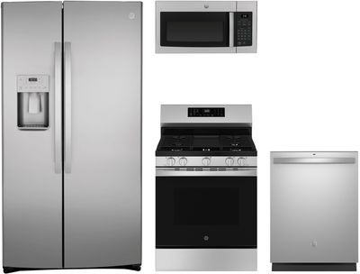 Front view of the GE® 4 Piece Stainless Steel Kitchen Package