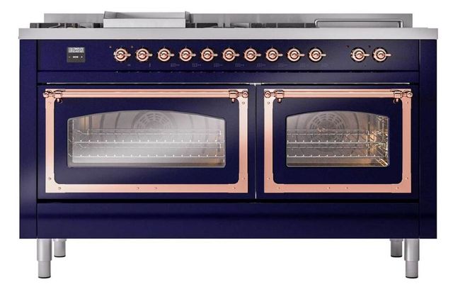 Ilve® Nostalgie II Noblesse 60'' Midnight Blue Pro Style Dual Fuel Range with Copper Trim-1