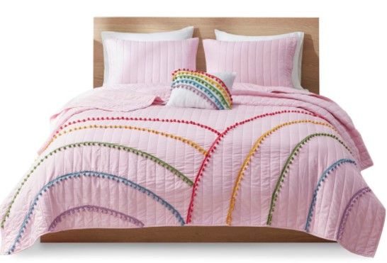Olliix by Mi Zone Juniper Pink Twin/Twin XL Rainbow Coverlet Set With Pompom Trim-0