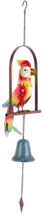 Deco Marche Red Parrot Perched Windchime with Hanging Bell-0