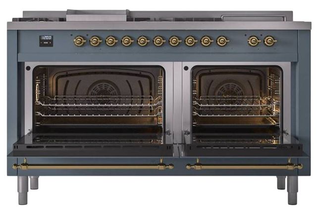 Ilve® Nostalgie II Noblesse 60'' Blue Gray Pro Style Dual Fuel Range with Brass Trim-1