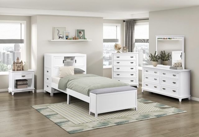 Homelegance® Sloane White Twin Youth Bookcase Platform Bed with Hidden Desk, Stool and Storage Bench-1