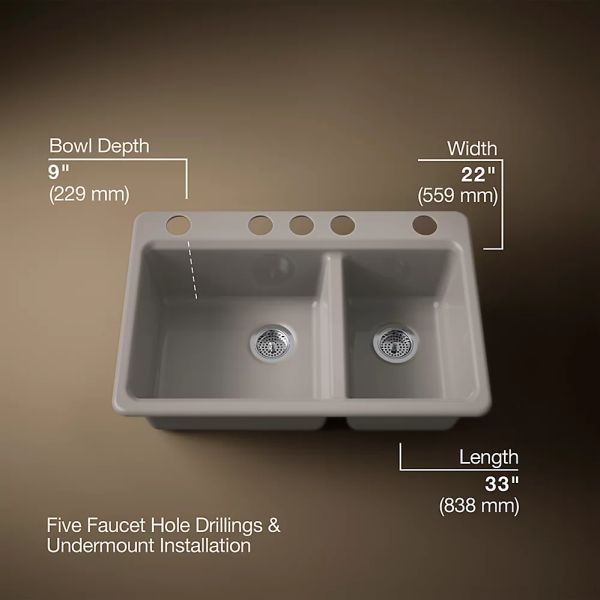 KOHLER® Riverby® Truffle 33" Undermount Double-Bowl Workstation Kitchen Sink-3