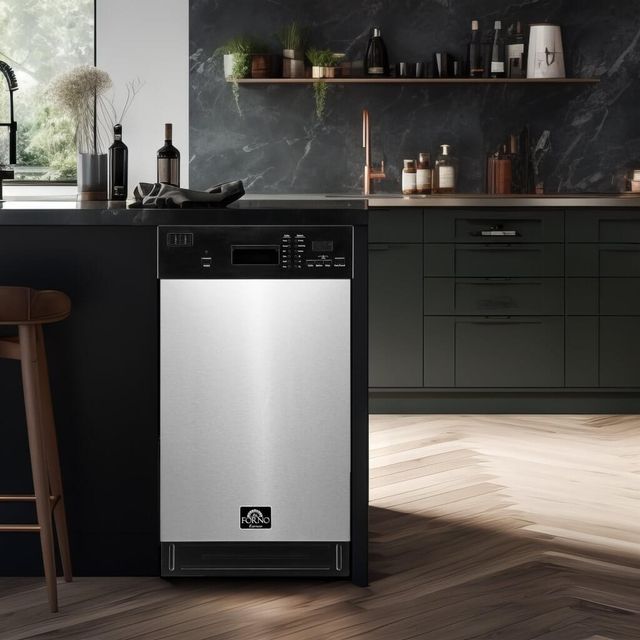 Credit: FORNO Front view of a FORNO 18 inch dishwasher in a luxury kitchen