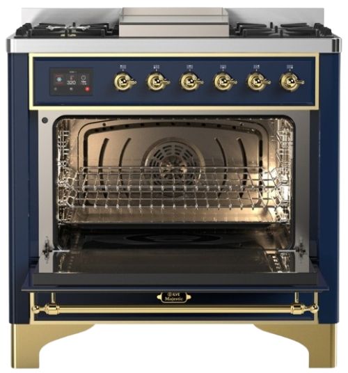Ilve® Majestic III 36" Midnight Blue Pro Style Dual Fuel Liquid Propane Range with 6 Black Brass Burners and Brass Trim-1