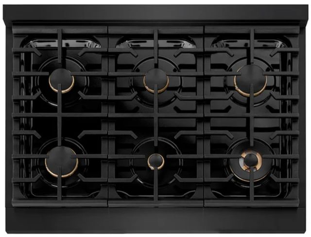 ZLINE Autograph Edition Paramount 36" 5.2 cu. ft. Black Stainless Steel with Polished Gold Helix Handle and Knob Accents Dual Fuel Range with 6 Burner Gas Cooktop and Electric Convection Oven-3