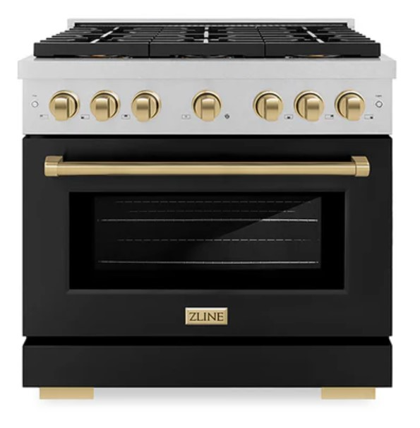 ZLINE Autograph Edition 36 in. 5.2 cu. ft. Paramount Gas Range with 6 Burner DuoPro™ Cooktop and Convection Gas Oven in Satin Stainless Steel with Black Matte Door and Champagne Bronze Accents (PSGRSZ-BLM36-CB)