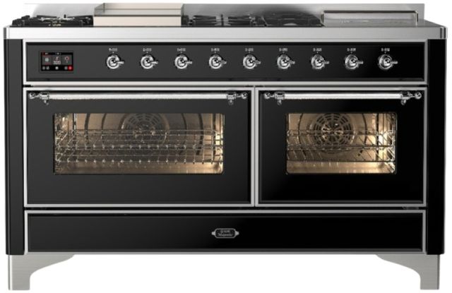 Ilve® Majestic III 60" Glossy Black Pro Style Dual Fuel Liquid Propane Range with French Top and Chrome Trim-0