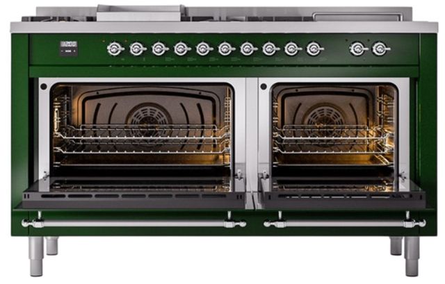 Ilve® Nostalgie II Noblesse 60'' Emerald Green Pro Style Dual Fuel Range with Chrome Trim-2