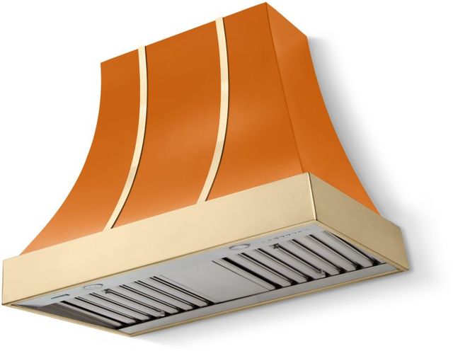 La Cornue CornuFé Cascade 36" Quintessential Orange Wall Mounted Range Hood with Polished Brass Trim-0