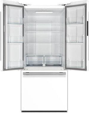 Front view of the opened FORNO® Espresso Gallipoli 30 in. 17.5 Cu. Ft. White Counter Depth French Door Refrigerator