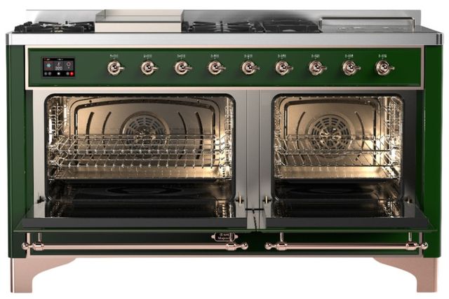 Ilve® Majestic III 60" Emerald Green Pro Style Dual Fuel Natural Gas Range with Solid Door and Copper Trim-1