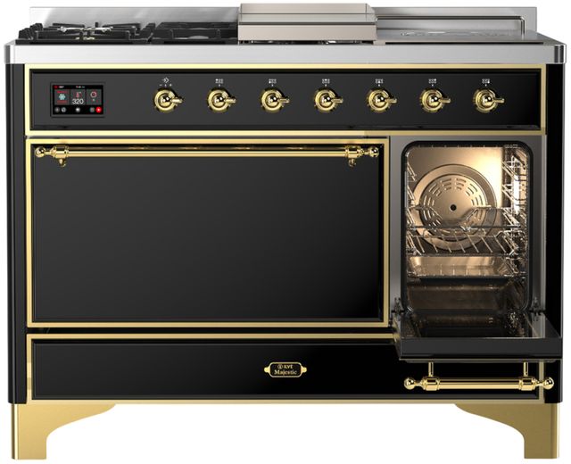 Ilve® Majestic III 48" Glossy Black Pro Style Dual Fuel Natural Gas Range with French Top and Brass Trim-3