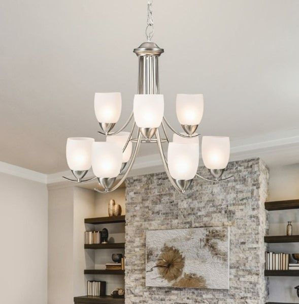 YHD Mirror Lake Brush Nickle/White 9-Lights Chandelier-1