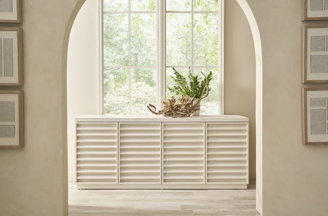 Universal Explore Home™ Oasis White Sandblasted Quartered Pine 82" Shoreline Credenza-1