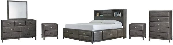 Front view of the Signature Design by Ashley® Caitbrook 6-Piece Gray Queen Storage Bed Set