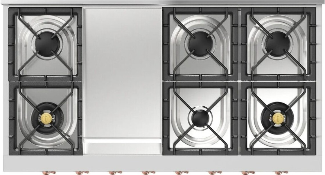 Ilve Nostalgie II 48” Stainless Steel Liquid Propane Rangetop with 8 Burners, Griddle and Copper Trim