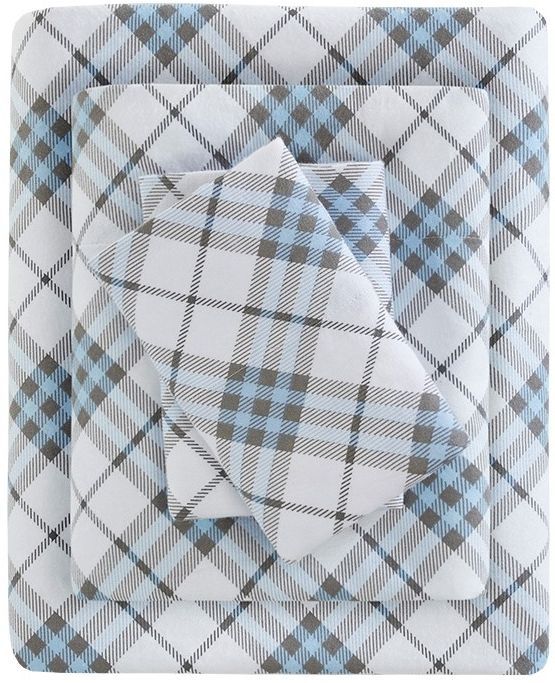 Olliix by True North by Sleep Philosophy Blue Plaid King Cozy Flannel 100% Cotton Flannel Printed Sheet Set-0