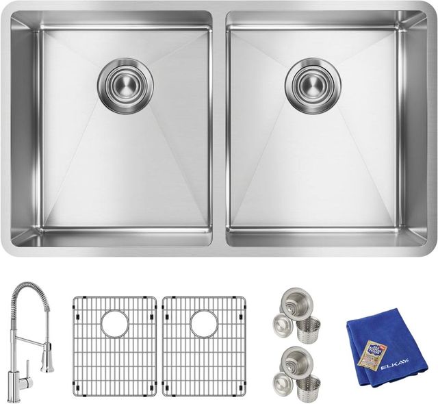 Elkay Crosstown® 6-Piece Polished Satin 31-1/2" x 18-1/2" x 9" Equal Double Bowl Undermount Sink Set with Faucet-1