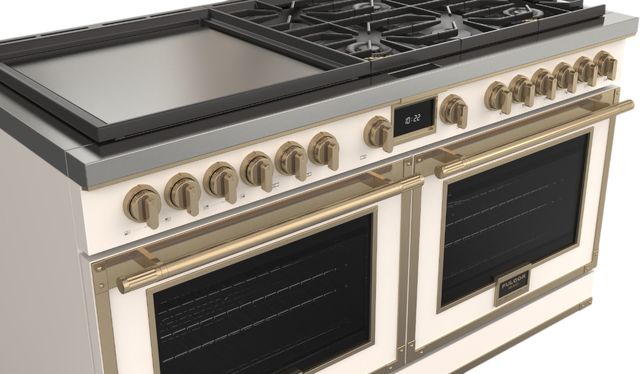 Fulgor Milano® Evoque 400 Series 60" Glossy White Pro Style Dual Fuel Hybrid Range with Brushed Brass Trim -4